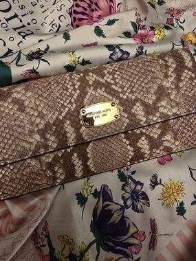 Michael Kors Taupe Beige Snake-Print Wallet with Gold Plate